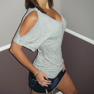 Cold Shoulder Cutout Dolman Drape Top Heather Gray 3315